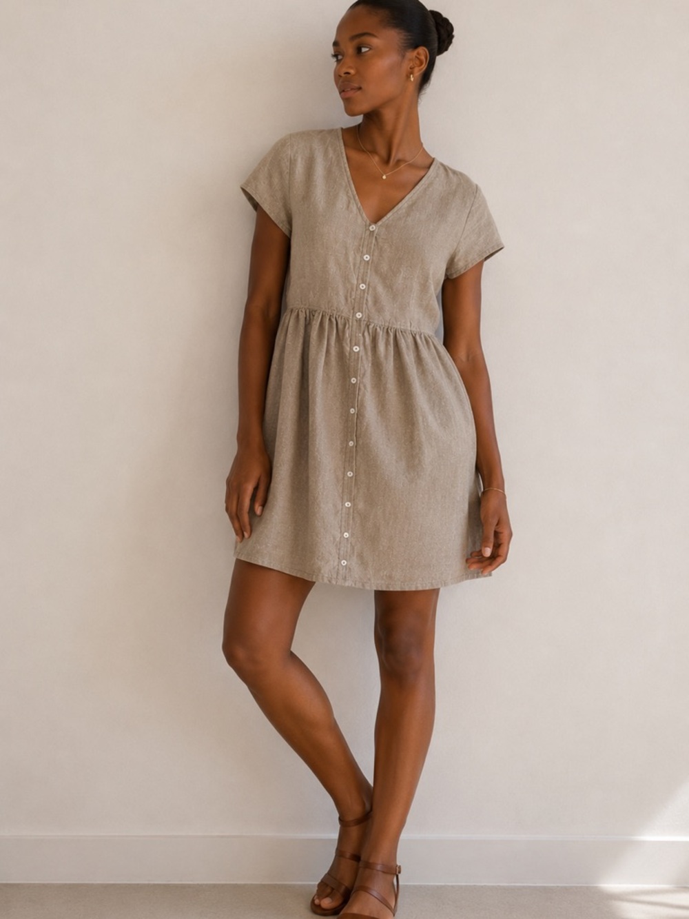 Madewell Linen Blend Babydoll Dress Women Medium Beige Button Front